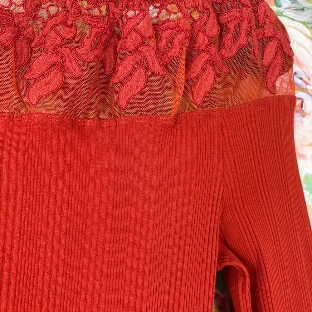 Free People Red Ribbed Lace Off Shoulder Long Sleeve Top Size L